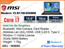 msi Modern 15 B11M-056MM Classic Black (Intel Core i7-1195G7, 16GB DDR4 3200MHz, PCIe NVMe M.2 SSD 512GB, Window 11, 15.6"FHD IPS 1920x1080, Weight 1.7kg)