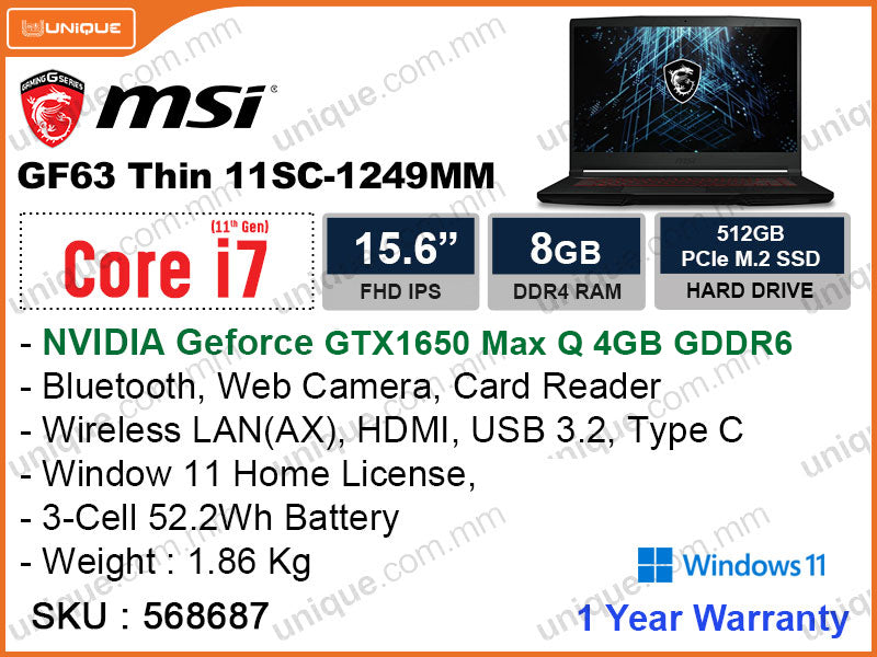 msi GF63 11SC-1249MM Black (Intel Core i7-11800P, 16GB DDR4 3200MHz, PCIe M.2 SSD 512GB, Nvidia Geforce GTX1650 4GB DDR6, Window 11, 14" FHD 1920x1080, 1.86 Kg)