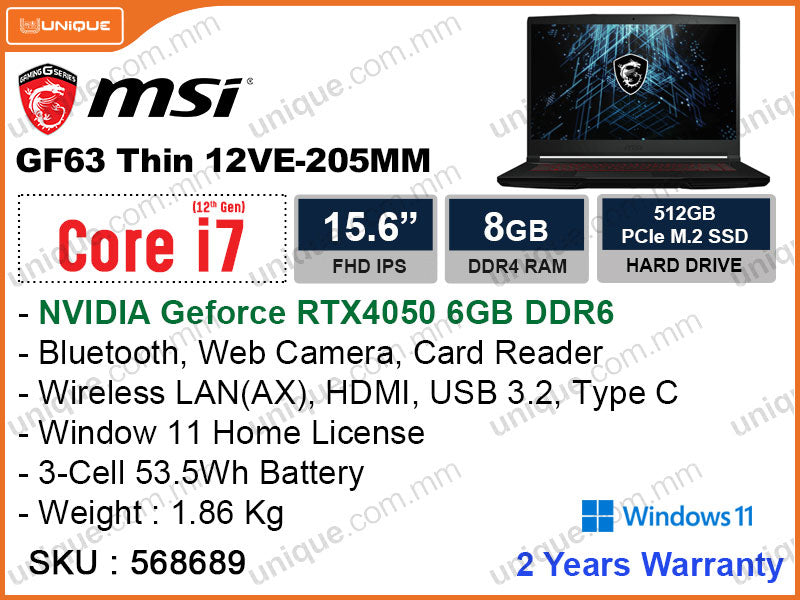 msi GF63 Thin 12VE-205MM Black (Intel Core i7-12650H, 8GB DDR4 3200MHz, PCIe M.2 SSD 512GB, Nvidia Geforce RTX4050 6GB DDR6, Window 11, 15.6" FHD 1920 x 1080, 1.86 Kg)