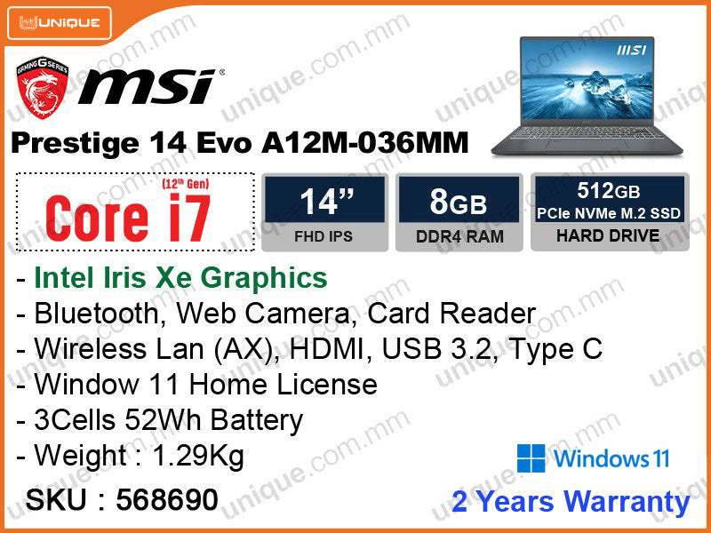 msi Prestige 14 Evo A12M Carbon Grey (Intel Core i7-1280P, 8GB DDR4 3200MHz, PCIe M.2 SSD 512GB, Window 11, 14" FHD 1920 x 1080, 1.29 Kg)