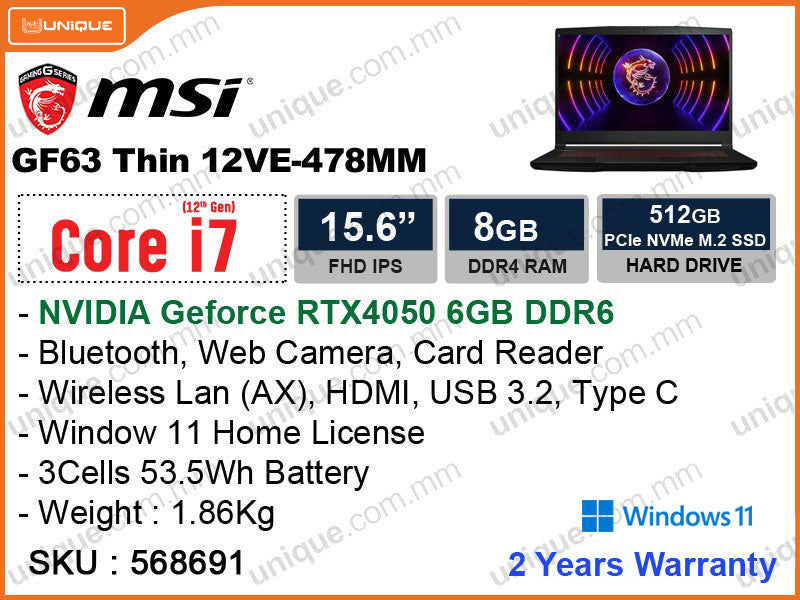 msi GF63 Thin 12VE-478MM Black (Intel Core i7-12650H, 8GB, PCIe M.2 SSD 512GB, Nvidia Geforce RTX4050 6GB DDR6, Window 11, 15.6" FHD, Weight 1.86 Kg)