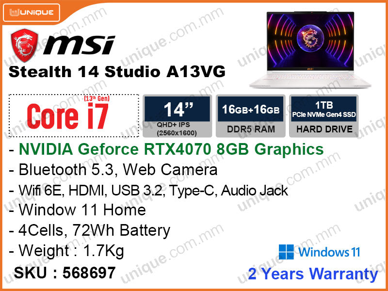 msi Stealth 14 Studio A13VG-207MM White (Intel Core i7-13700H, 32GB DDR5 5200MHz(16GBx2) , 1TB NVMe PCIe Gen4x4SSD, Nvidia Geforce RTX4070 6GB DDR6, Window 11, 14" QHD+ 2560x1600, Weight 2.7 Kg)