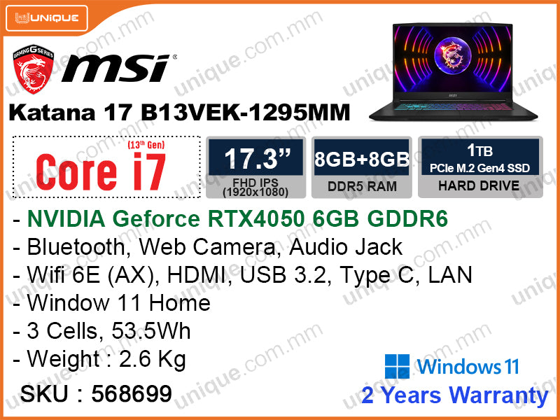 msi Katana 17 B13VEK-1295MM Black (Intel Core i7-13620H, 16GB (8GB+8GB) DDR5 5200MHz (up to 64GB), PCIe Gen 4 M.2 SSD 1TB (1 slot free), NVIDIA Geforce RTX4050 6GB GDDR6, Window 11, 17.3'' FHD IPS (1920x1080), Weight 2.6 Kg)