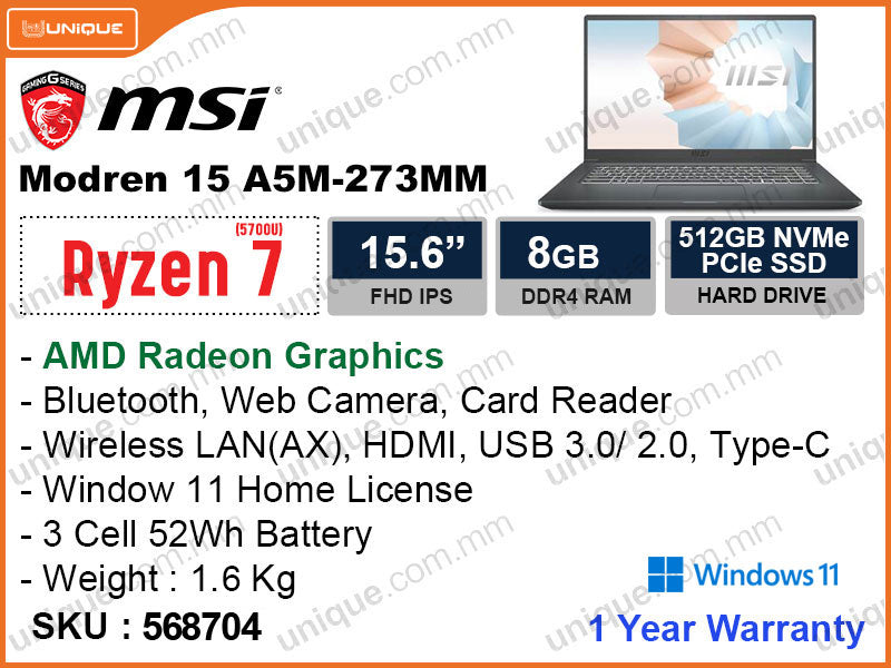 msi Modern 15 A5M-273MM Carbon Gray(Ryzen 7-5700U, 8GB, PCIe M.2 SSD 512GB, Win 11, 15.6"FHD, 1.6 Kg)