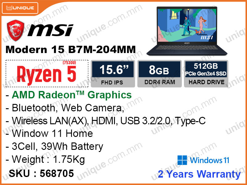 msi Modern 15 B7M-204MM Classic Black (AMD RYzen5-7530U, 8GB DDR4 3200MHz, PCIe M.2 SSD 512GB, Window 11, 15.6"FHD 1920 x 1080, 1.75Kg)