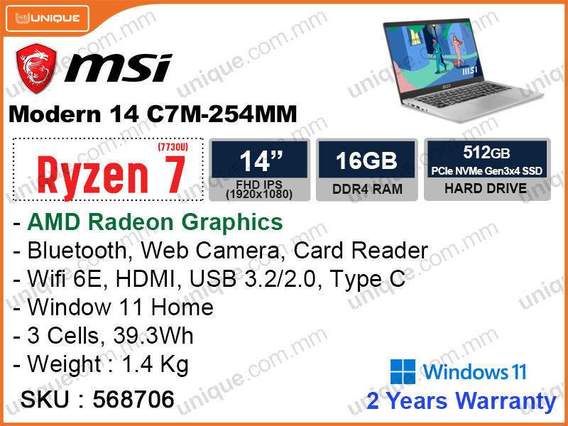 msi Modern 14 C7M-254MM Urban Silver (AMD Ryzen 7-7730U, 16GB DDR4 3200MHz (onboard, not upgradeable), PCIe M.2 SSD 512GB (no slot free, can upgrade existing one upto 1TB), Window 11, 14'' FHD (1920x1080) IPS Level Panel, Weight 1.4 Kg)