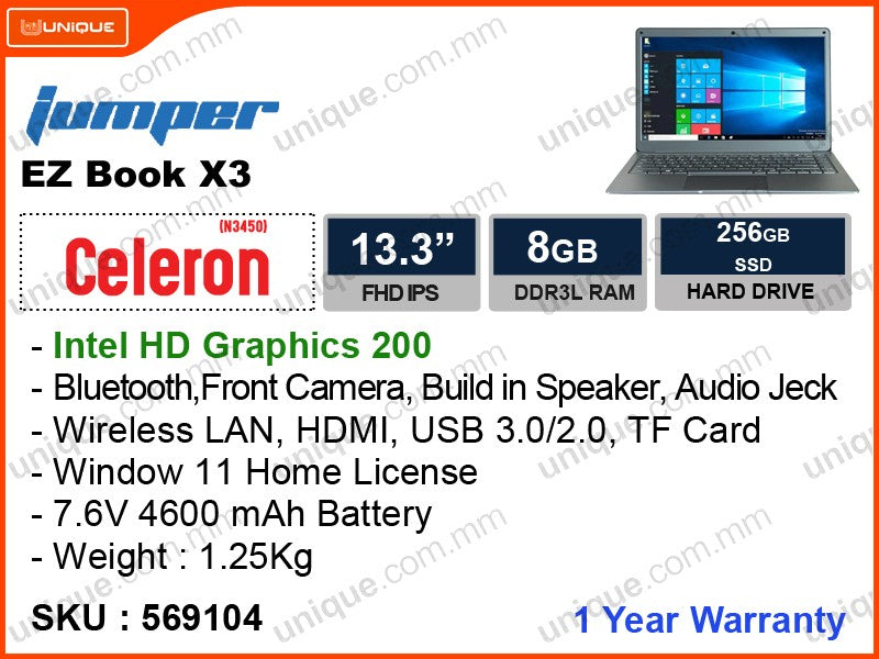 JUMPER TECH Ezbook X3 Iron Grey (Celeron-3450, 8GB, PCIe M.2 SSD 256GB, Window11, 13.3"FHD , Weight 1.25kg)