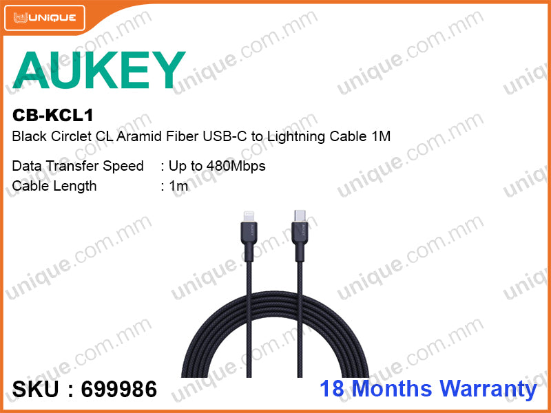 AUKEY CB-KCL1 Black Circlet CL Aramid Fiber USB-C to Lightning Cable 1M