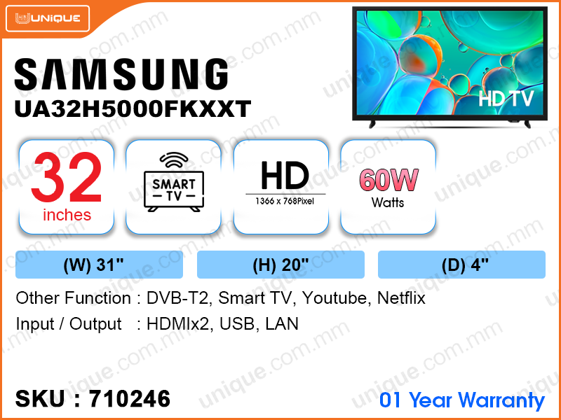 SAMSUNG 32” Smart LED HD TV UA32H5000FKXXT
