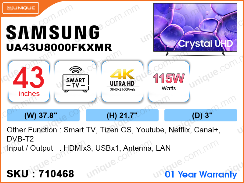 SAMSUNG 43” LED Crystal UHD 4K Smart TV UA43U8000FKXMR