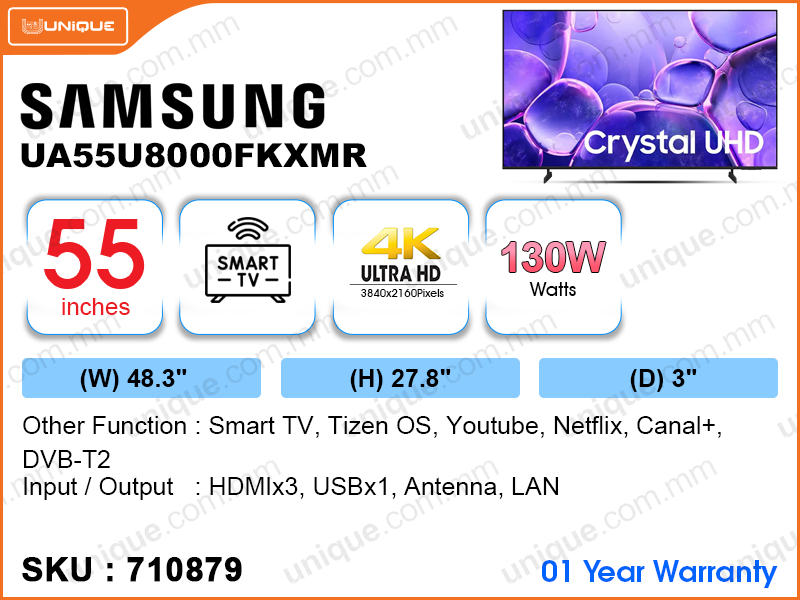 SAMSUNG 55” LED Crystal UHD 4K Smart TV UA55U8000FKXMR