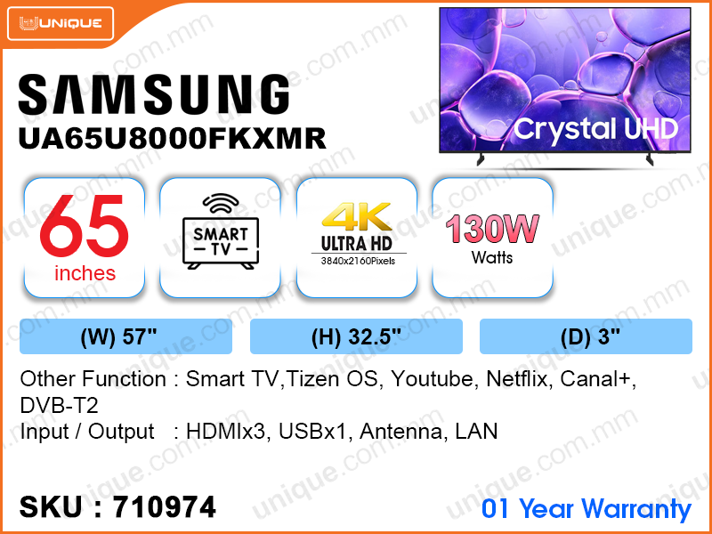 SAMSUNG 65” LED Crystal UHD 4K Smart TV UA65U8000FKXMR