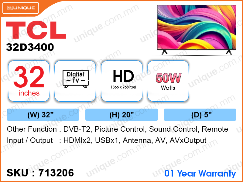 TCL 32" LED TV TCL32D3400