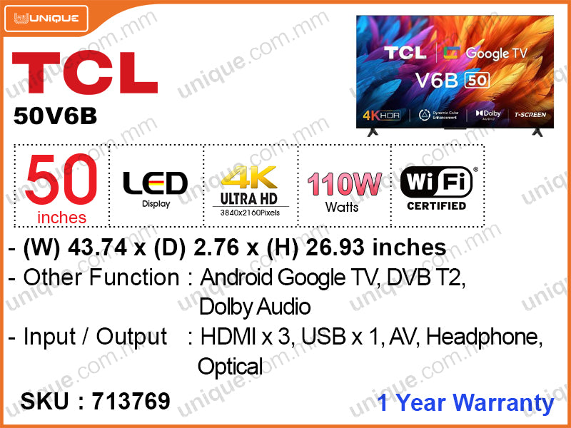 TCL 50'' LED 4K Google TV 50V6B