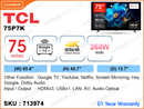 TCL 75'' QLED 4K Google TV TCL75P7K