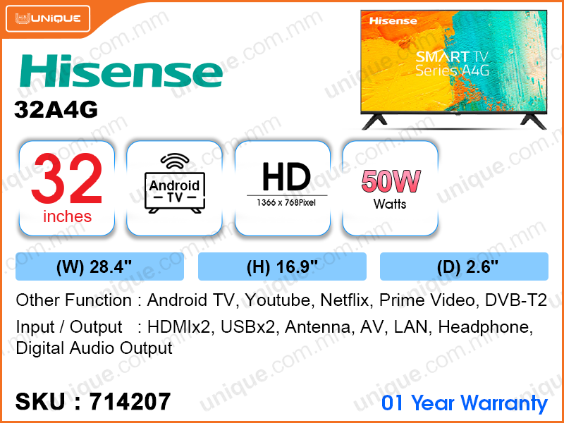 Hisense 32" LED HD Android T2 TV, 32A4G
