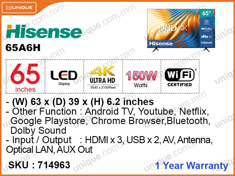 Hisense 65'' LED 4K Android TV 65A6H