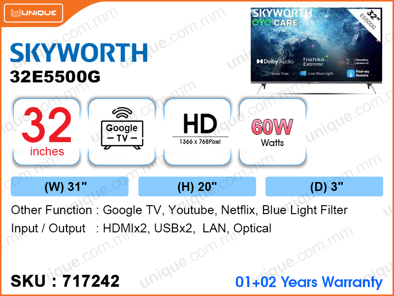 SKYWORTH 32" LED HD Google TV 32E5500G