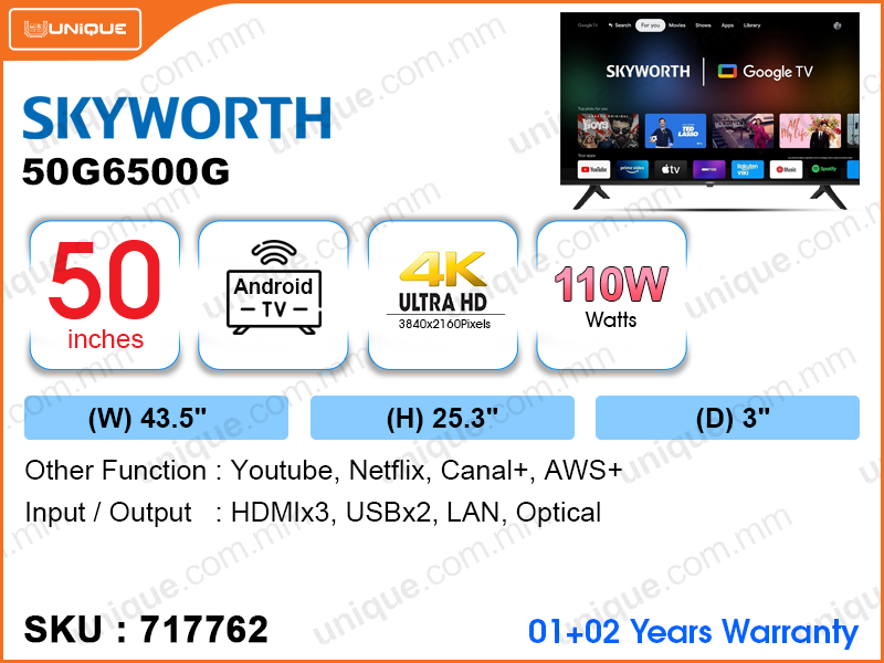 SKYWORTH 50" LED UHD 4K Android TV 50G6500G