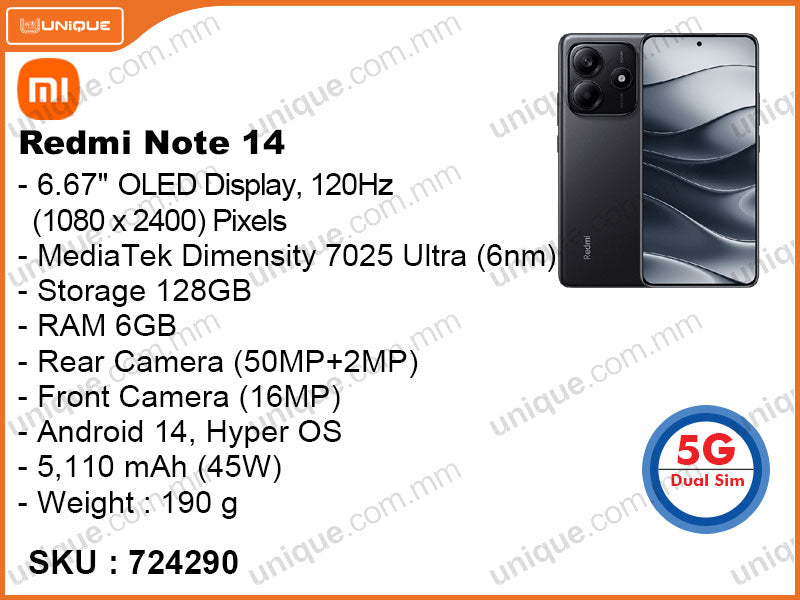 Redmi Note 14 5G 6GB, 128GB (Without Warranty)