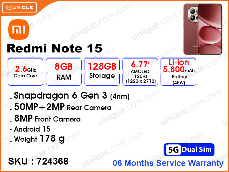 Redmi Note 15 5G 8GB, 128GB Cherry Red (06 Months Service Warranty ...