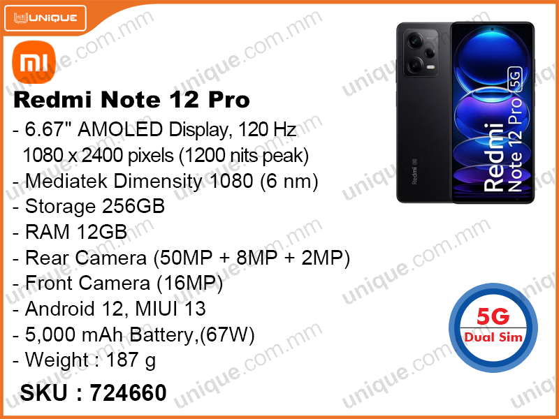 Redmi Note 12 Pro 5G 12GB, 256GB (Without Warranty)