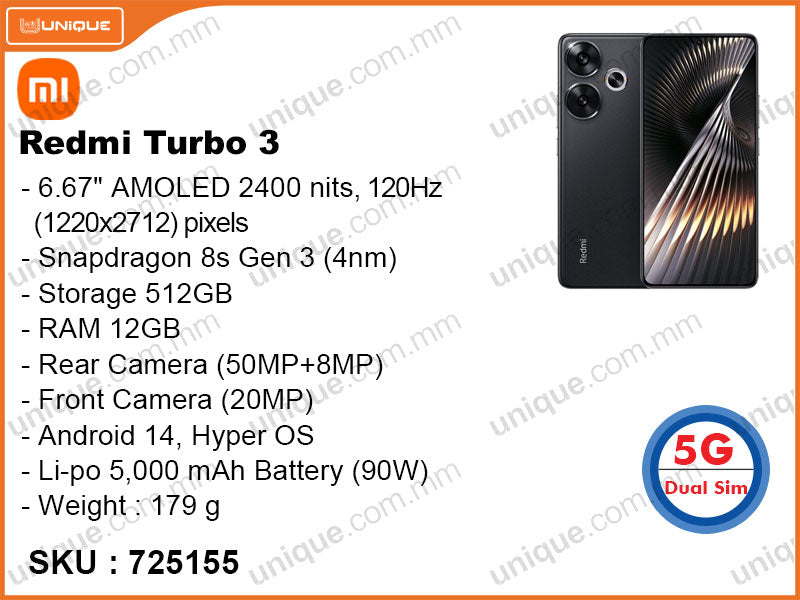 Redmi Turbo 3 5G 12GB, 512GB (Without Warranty)