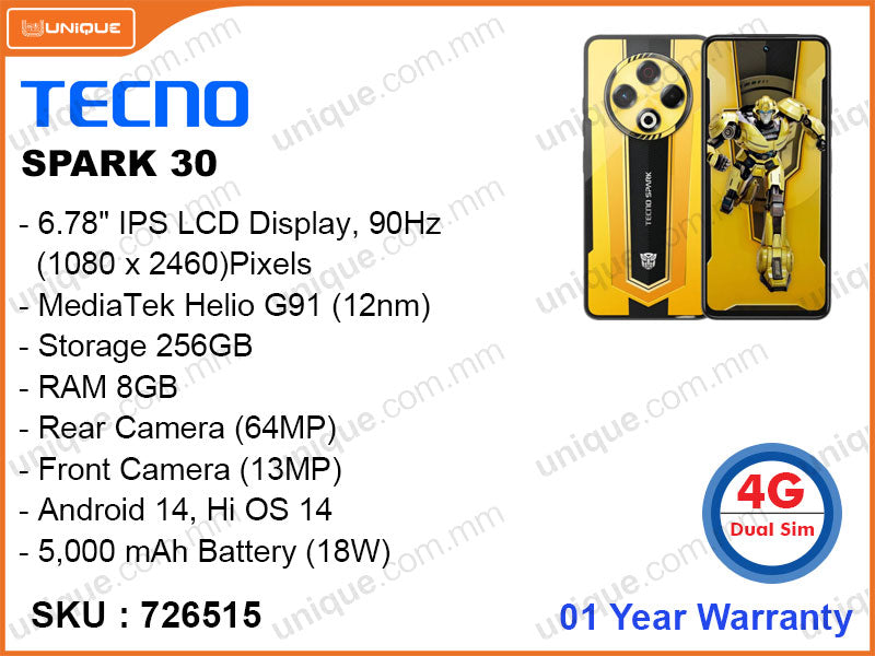 TECNO SPARK 30 KL6 8GB, 256GB Bumblebee Edition