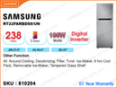 SAMSUNG Inverter Refrigerator, RT22FARBDS8/UN 2 Door, 238L