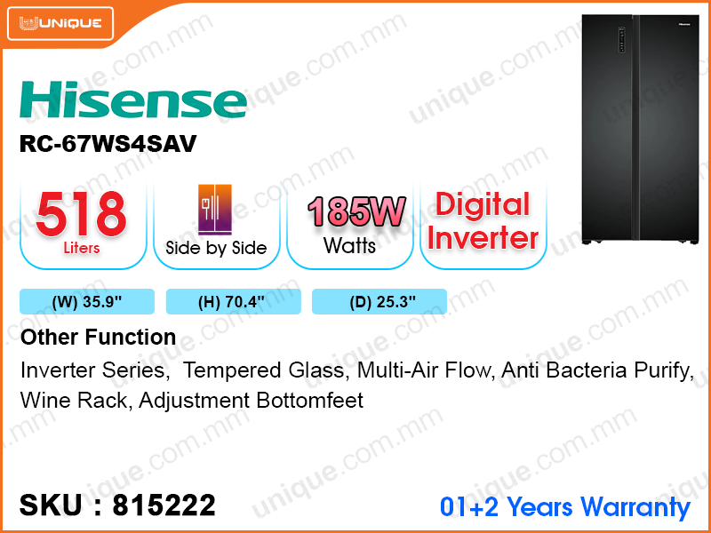 Hisense RC-67WS4SAV 2Door, 518L Side By Side Refrigerator