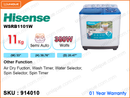 Hisense WSRB1101W Semi Auto, 11kg Washing Machine