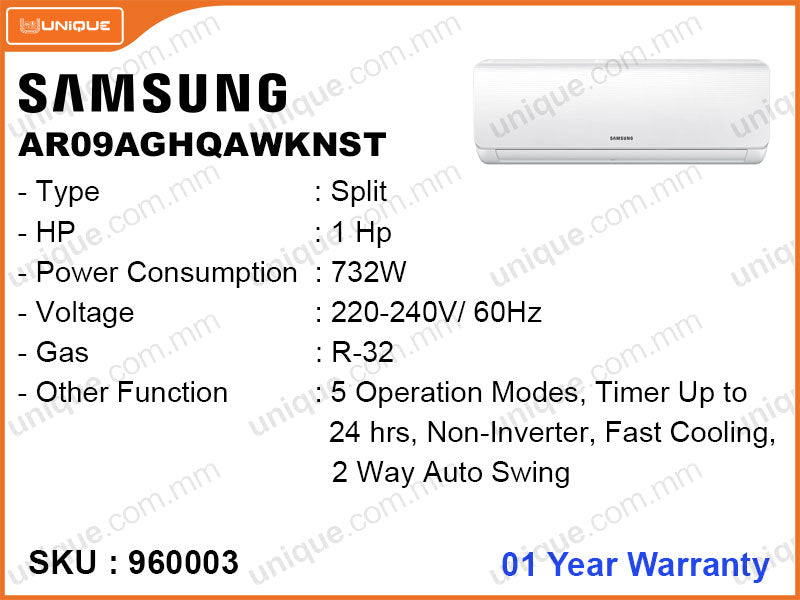 SAMSUNG AR09AGHQAWKNST Split, 1HP, Non Inverter Air Conditioner