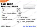 SAMSUNG AR18AGHQAWKNST Split, 2HP, Non Inverter Air Conditioner