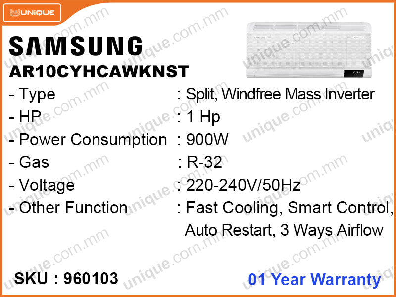 SAMSUNG AR10CYHCAWKNST Split, 1HP, WINDFREE Mass Inverter Air Conditioner