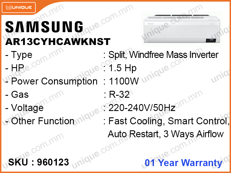 SAMSUNG AR13CYHCAWKNST Split, 1.5HP, WINDFREE Mass Inverter Air Conditioner