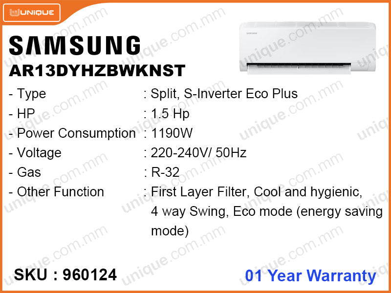 SAMSUNG AR13DYHZBWKNST Split, 1.5HP, S-Inverter Eco Plus Air Conditioner