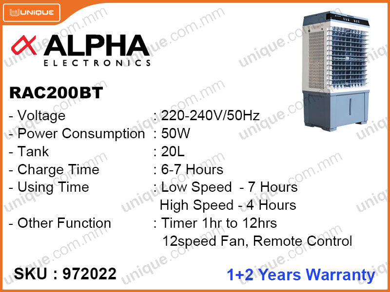 ALPHA RAC200BT 20L, 50W Rechargeable Air Cooler