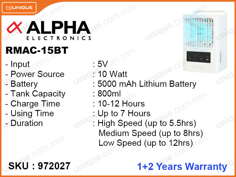 ALPHA RMAC15BT 800ml, 10W Rechargeable Mist Air Cooler