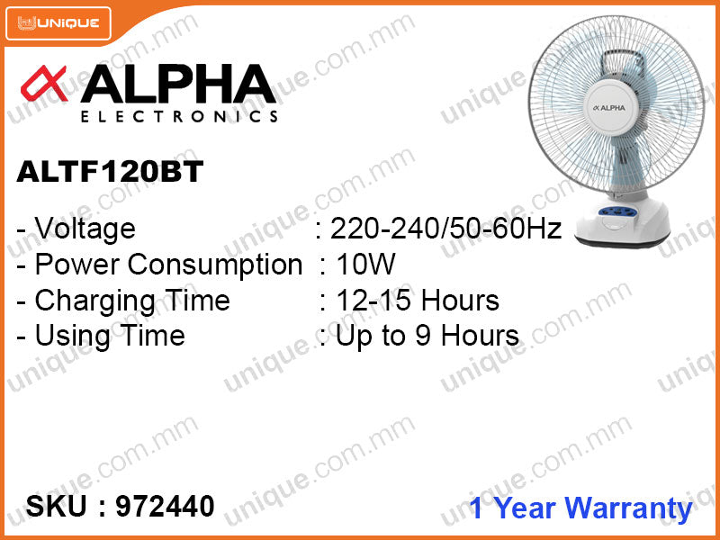 ALPHA ALTF-120BT 12'',10W AC/DC Rechargeable Table  Fan