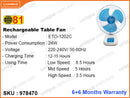 81 ETO-1202C 12" 24W AC/DC Rechargeable Table Fan