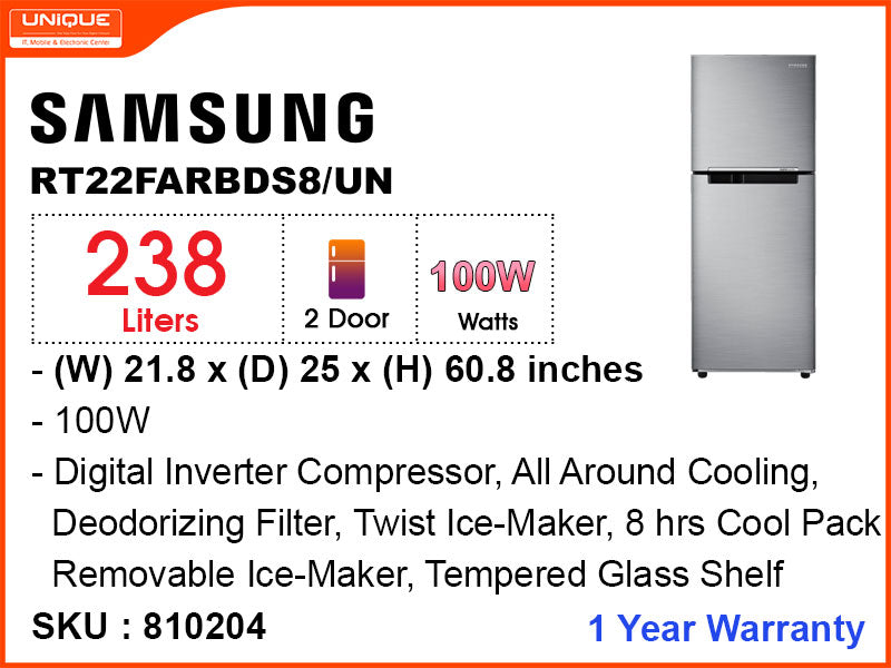 SAMSUNG Inverter Refrigerator, RT22FARBDS8/UN 2 Door, 238L