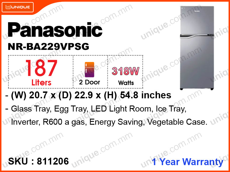 Panasonic NR-BA229VPSG 2Door, 187L Refrigerator