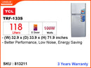 TCL Refrigerator TRF-133G/S, 2Door, 118L