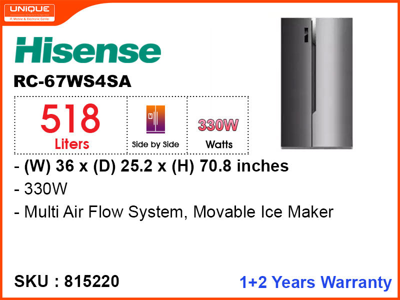 Hisense Refrigerator RC-67WS4SA 2 Door,Side By Side, 518L