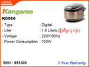 Kangaroo Digital Rice Cooker,  KG-566 1.8L