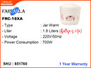 FARFALLA Jar Warm Rice Cooker, FRC-18XA 1.8L