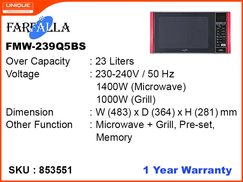 FARFALLA FMW-239Q5BS 23L, 900W Grill Microwave