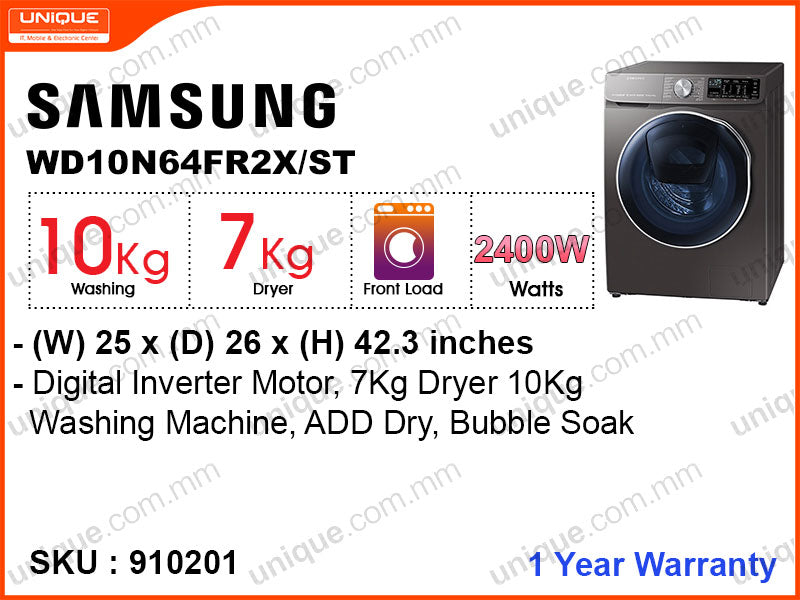 SAMSUNG WD10N64FR2X/ST 2 in 1 Wash & Dry Front Load, 10kg Washing Machine