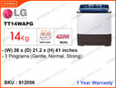 LG Washing Machine  TT14WAPG Semi Auto, 14kg