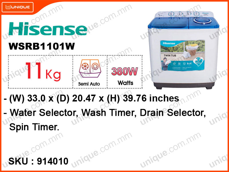 Hisense WSRB1101W Semi Auto, 11kg Washing Machine